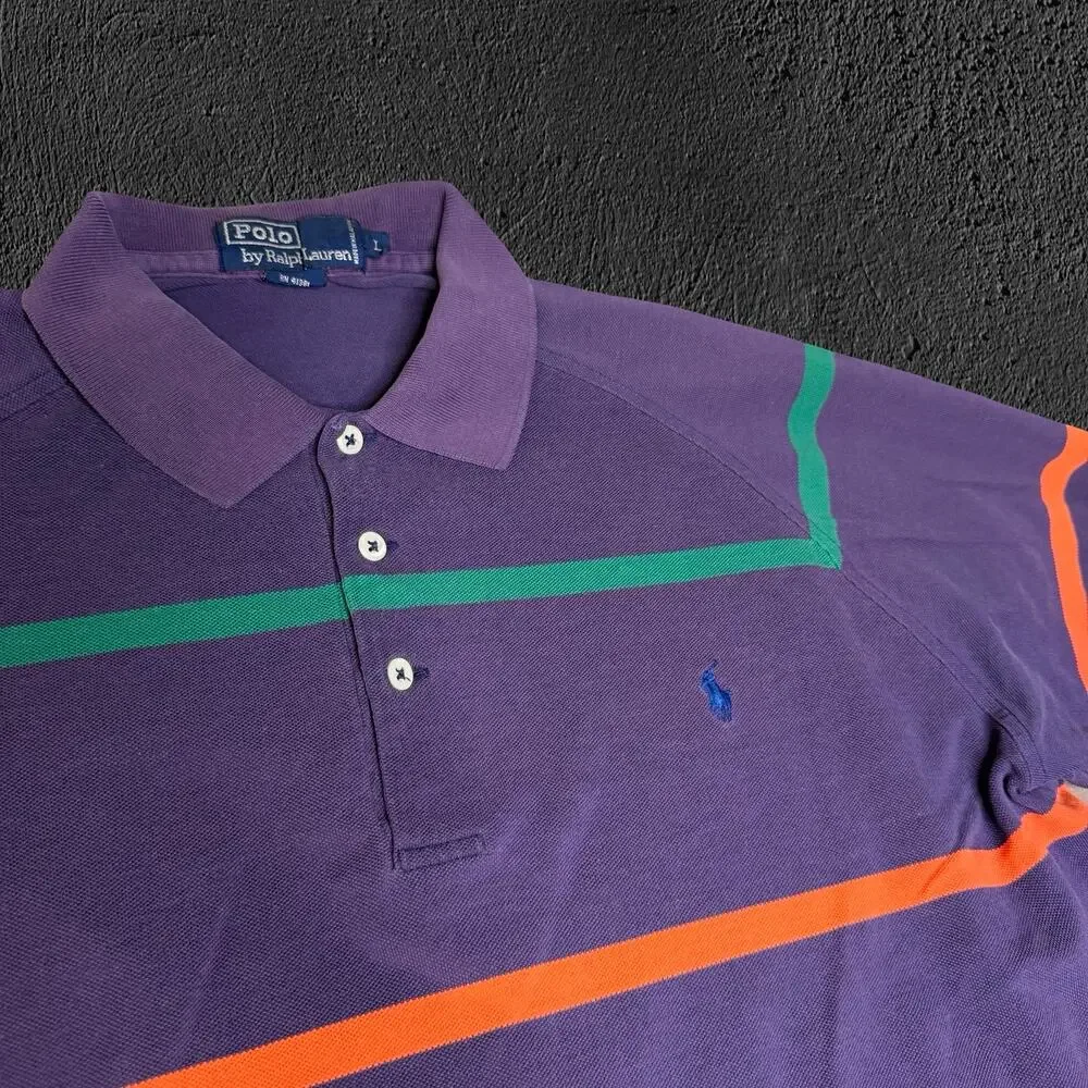 Vintage 90s Polo Ralph Lauren Striped Green/red/orange with blue logo polo